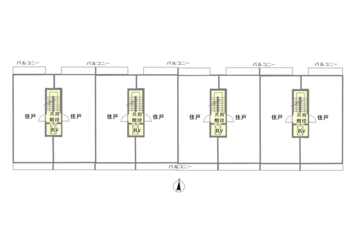 【図1】2戸1型マンションの全体平面図（概念図）。