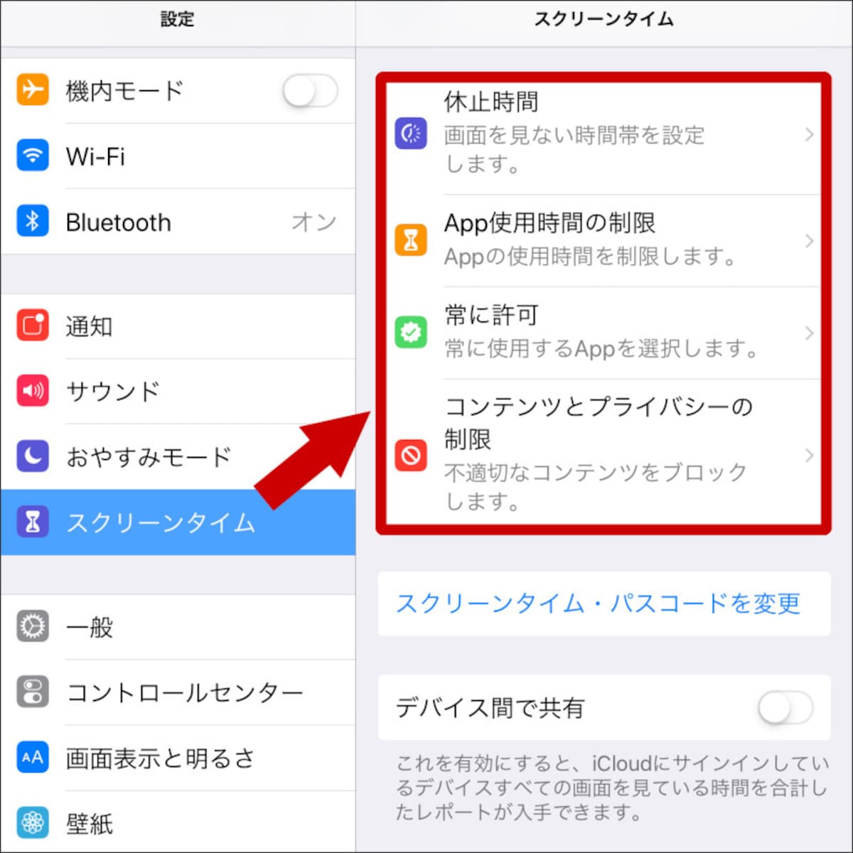 デバイスの使用時間やAppの制限、不適切なコンテンツのブロックが詳細に行えるスクリーンタイム