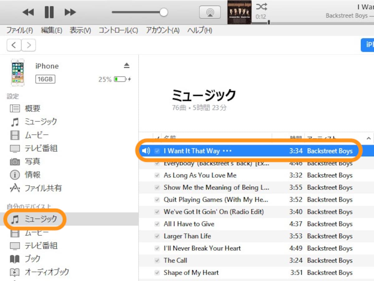 ［自分のデバイス上］の［ミュージック］でiPhone内の楽曲を確認できる
