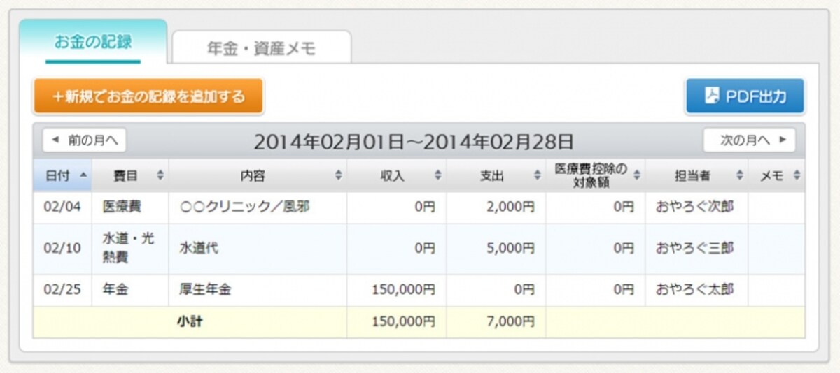 お金の記録では、介護費用の収支管理のほか、年金や資産のメモとしても使えます