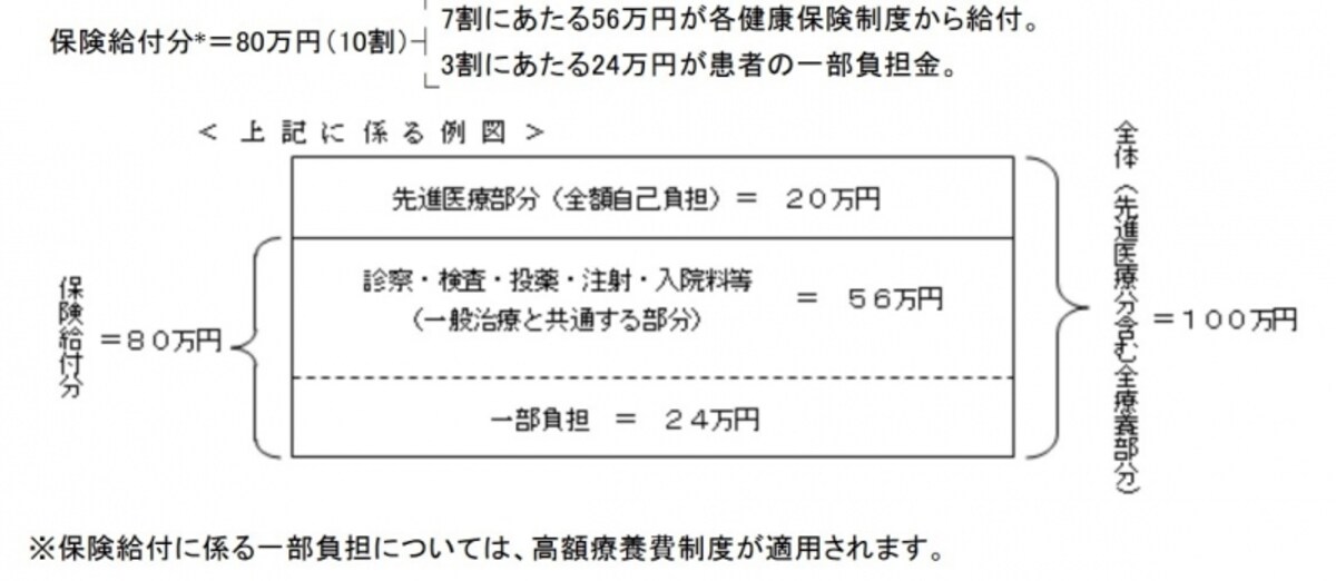 保険外併用診療費だと、総額100万円の診療でも、保険適用部分は一部負担（1～3割）で済む。健康保険適用外の先進医療部分のみ全額自己負担すればよい（図は厚生労働省HPより）
