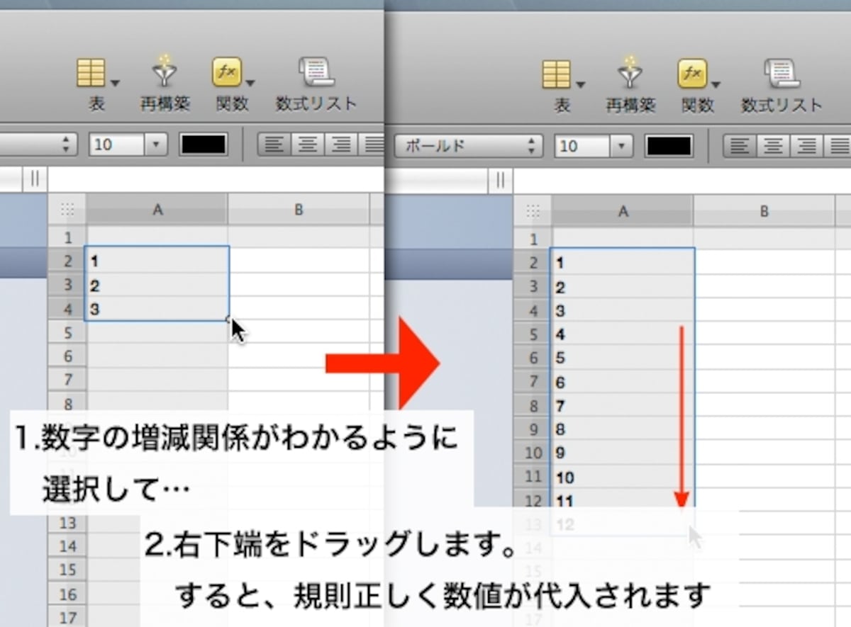 数字や日付が自動的に増えます。Excelなどと同じ操作です（クリックで拡大）
