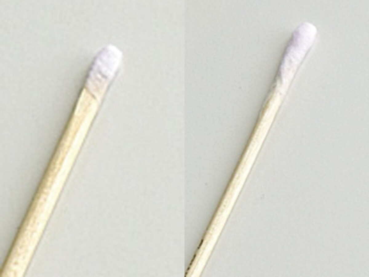 コットンスティックの作り方3：左／薄めに巻いたコットンスティック、右／厚めに巻いたコットンスティック