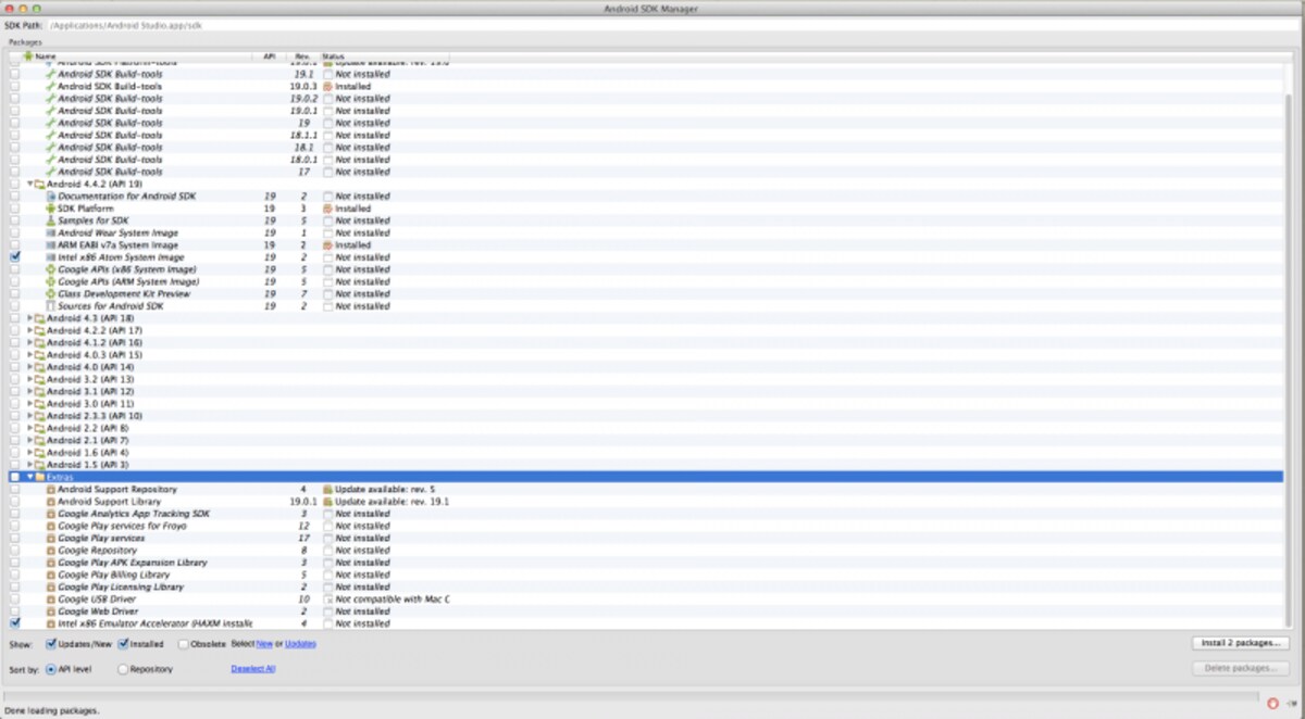 Android SDK ManagerからIntel x86 Atom System ImageとIntel x86 Emulator Accelerator (HAXM)をダウンロード