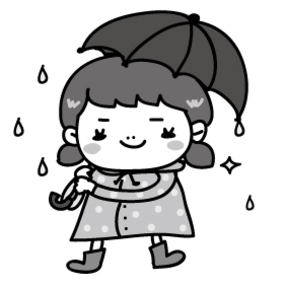 女の子　梅雨　イラスト　白黒　かわいい