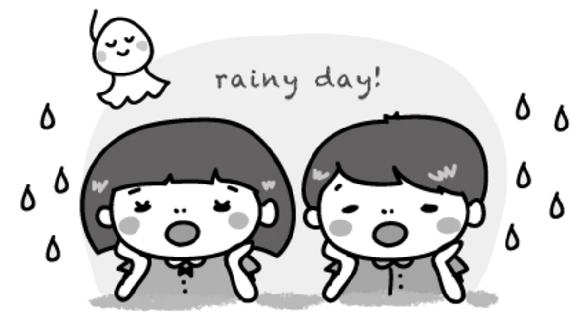 子ども　梅雨　イラスト　白黒　かわいい