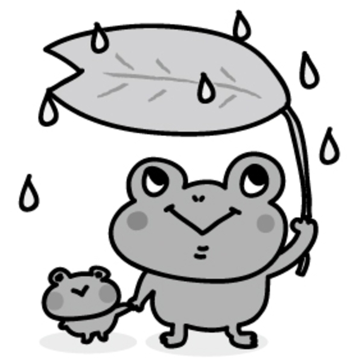 かえるの親子　梅雨　イラスト　白黒　かわいい
