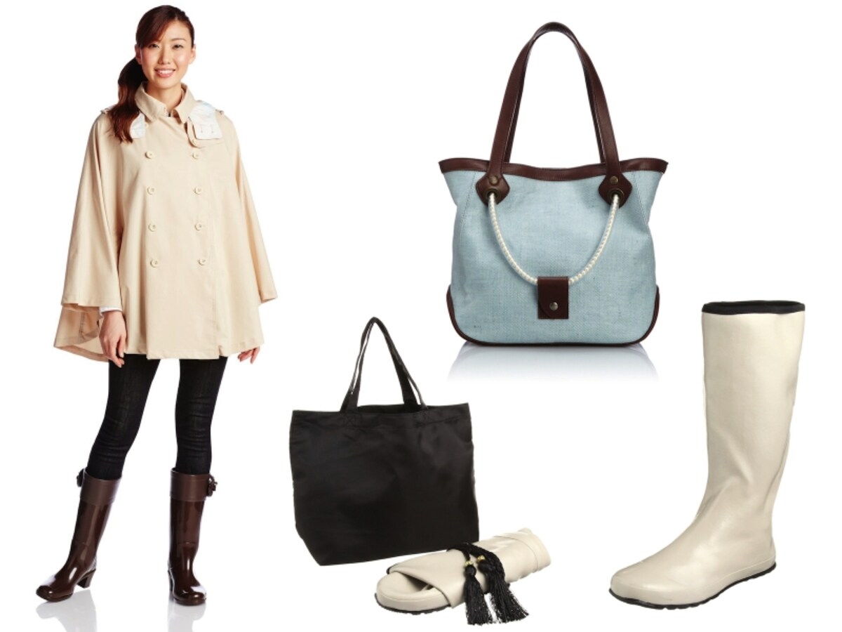 cocca 婦人レインコート 無地×プリントトリミング トレンチポンチョ/MOONBAT(ムーンバット) /Linen Canvas PVC Coating Double handle tote/carnet(カルネ)/バッグ付き折りたたみレインブーツ/長靴騎士団/Amazon.co.jp