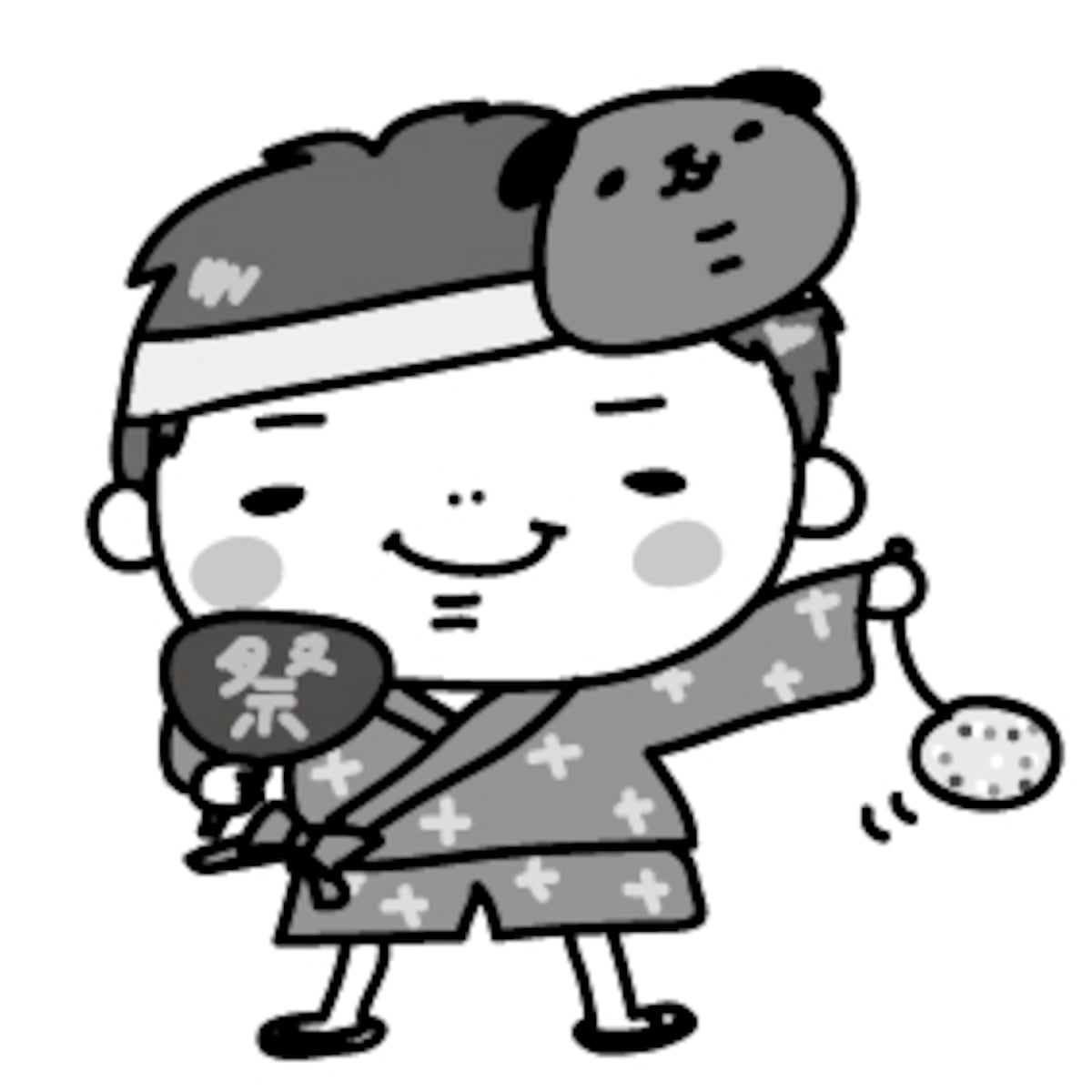 【モノクロ】甚平を着て、祭りを楽しむ男の子です。