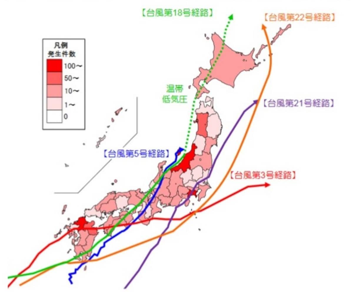 平成29年　全国の土砂災害発生状況（出典：国土交通省）