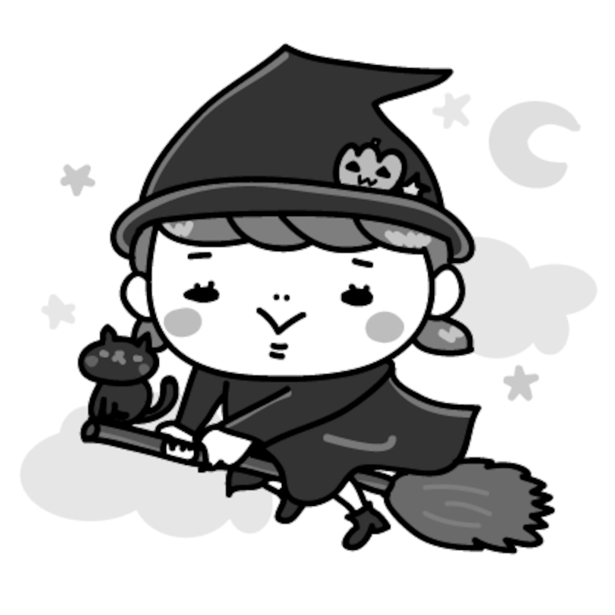 魔女　女の子　ハロウィン　イラスト　白黒　かわいい