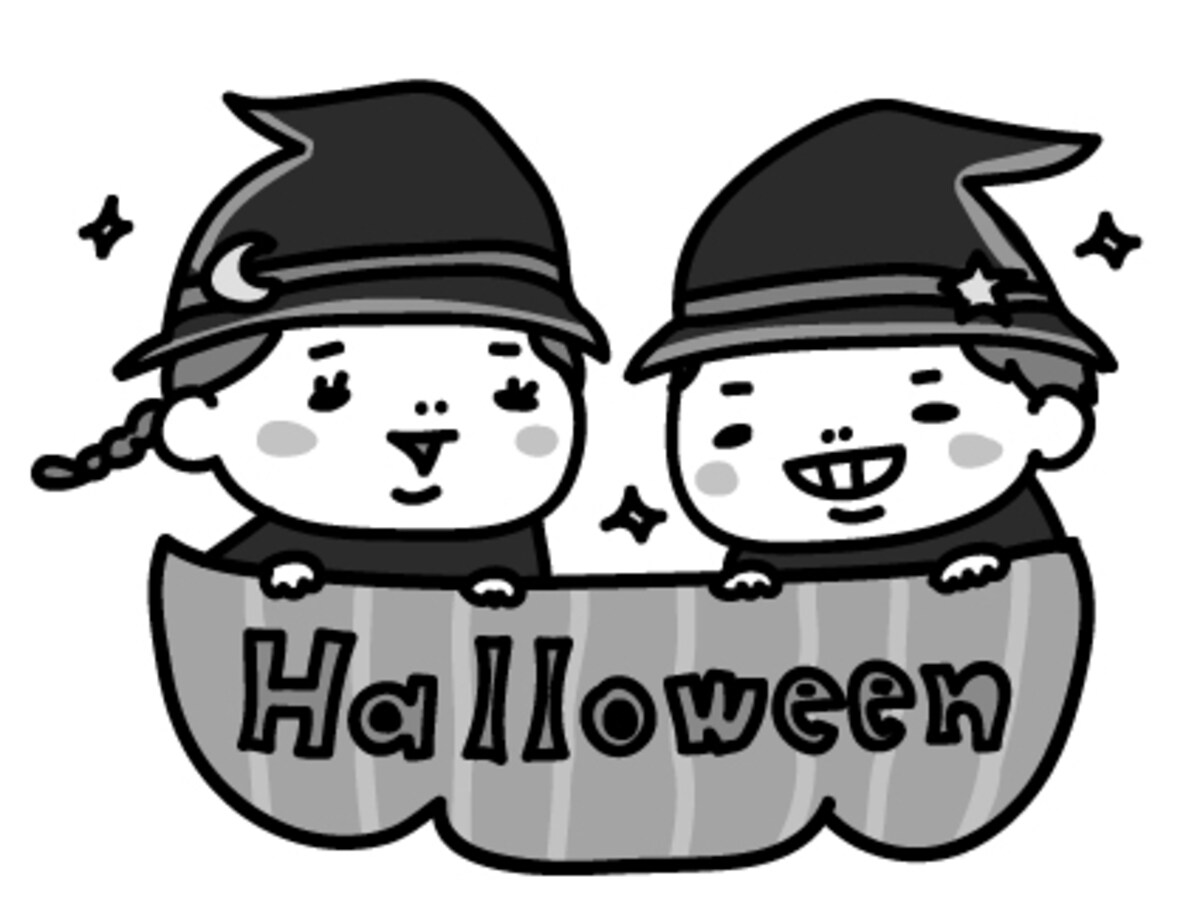 女の子と男の子　ハロウィン　イラスト　白黒　かわいい