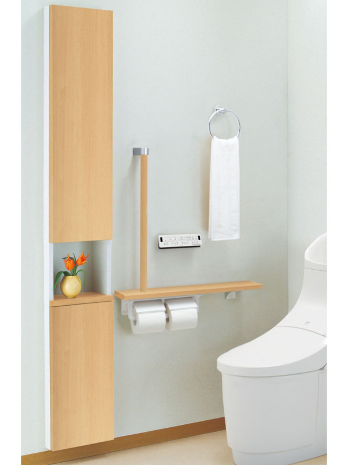 トイレの収納商品にも壁に埋め込むタイプが多くみられる。カウンターや手すりも組み合わせることも可能。[ INAX 埋込収納棚]　 LIXIL 　http://www.lixil.co.jp/