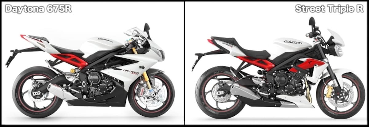左がレーサーモデル『デイトナ675R』。見比べると、同じエンジンを備えつつも、ストリートトリプルRは市街地仕様のアップライトなモデルであることが伺えます