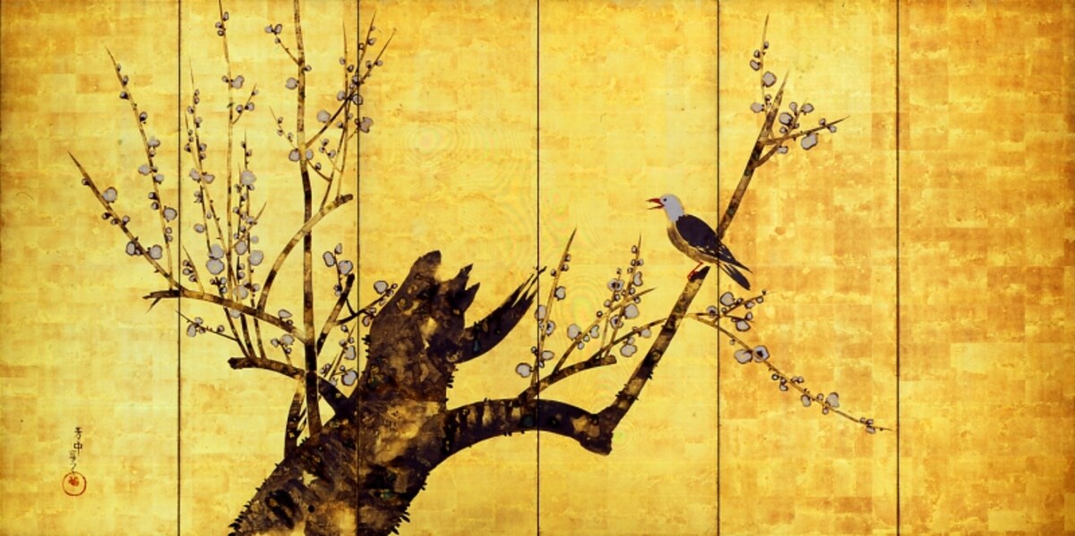 中村芳中　白梅小禽図屏風