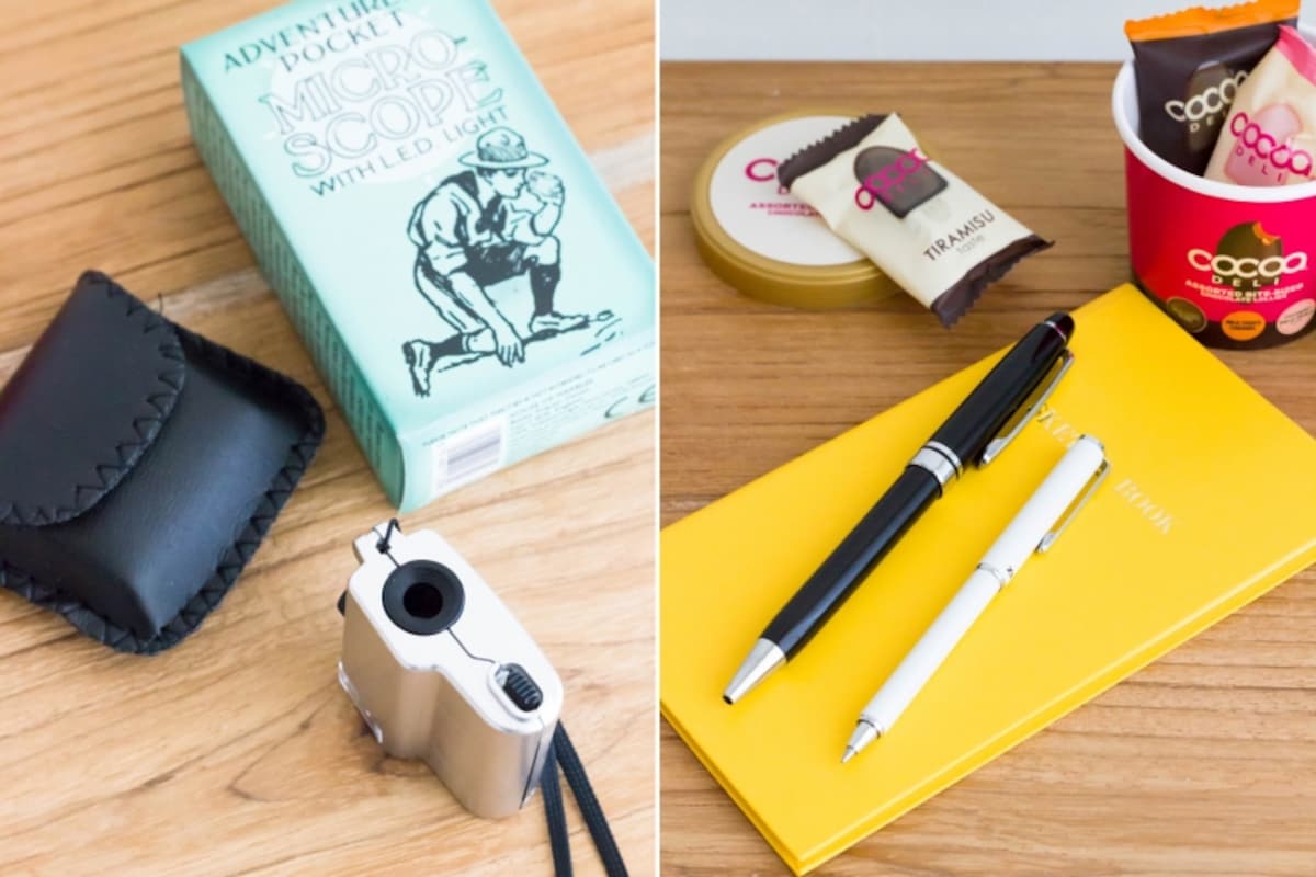 バレンタインに贈りたい！プチギフトのアイデア例。左：House of Marbles社の「Adventurer's pocket microscope」（税込1620円）。対象物にギリギリまで近寄って観察します（解説書などはありません）、右：ZEBRAの「SL-F1mini」（税込324円）は8色展開（写真は白です）で替え芯あり。チョコはCOCOA DELI（ココアデリ）の「ミニタブ」（378円税込）