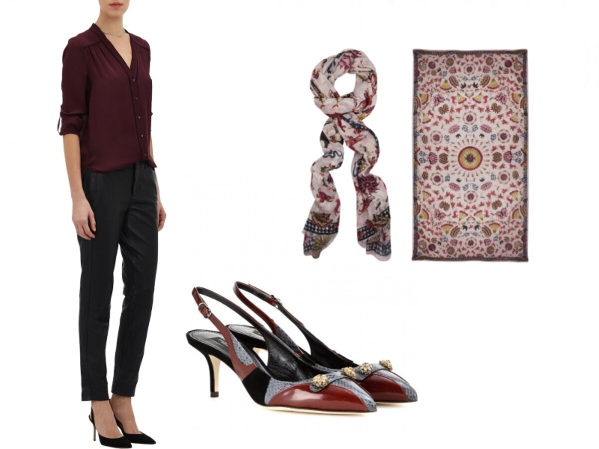 写真左：VINCE／Contrast Piping Blouse、写真右上：HETI'S COLOURS／GALLOPING HORSE、写真右下：DOLCE & GABBANA／BELLUCCI EMBELLISHED LEATHER AND SNAKESKIN SLING-BACK PUMPS