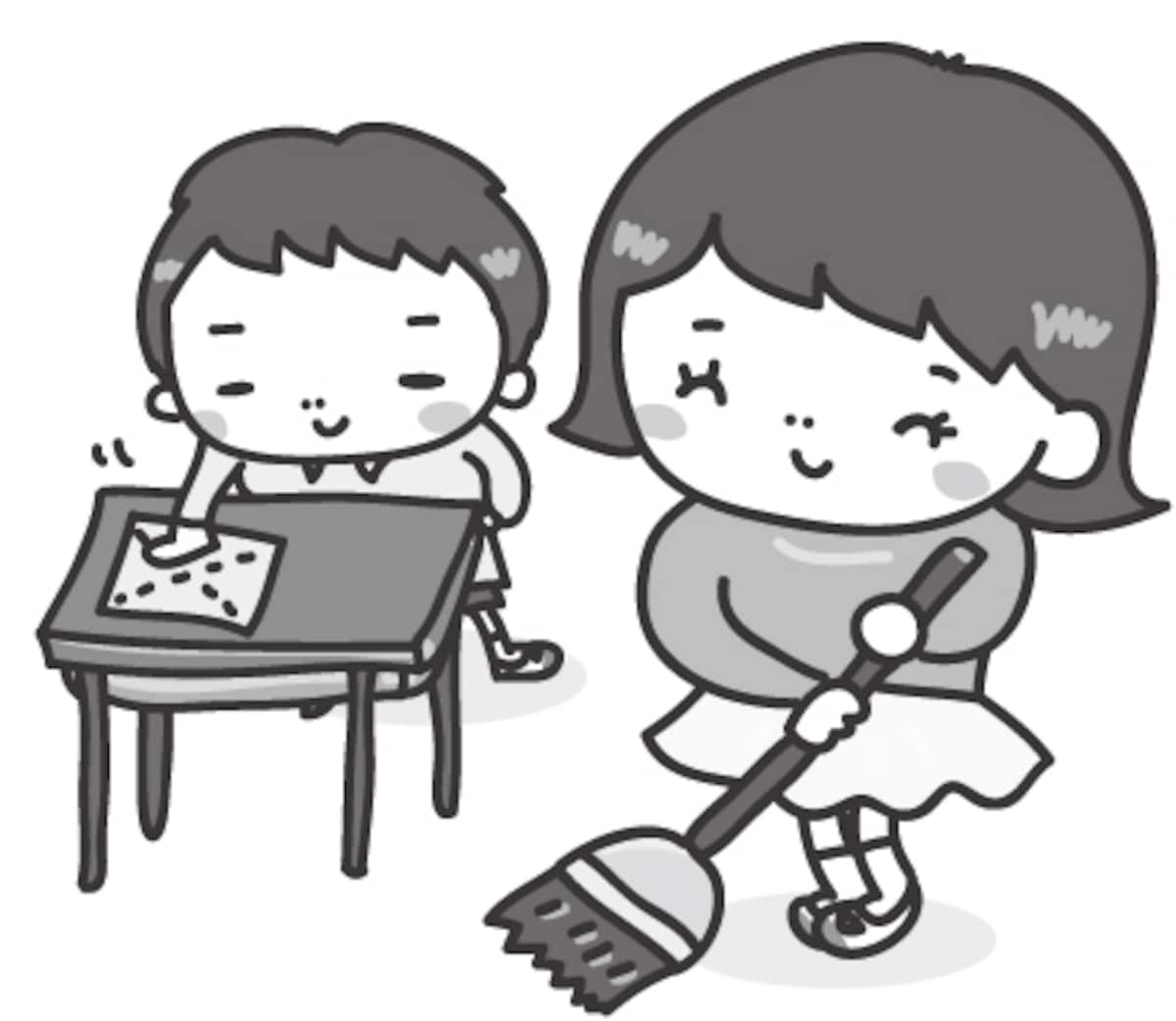 掃除　学校　イラスト　白黒　かわいい