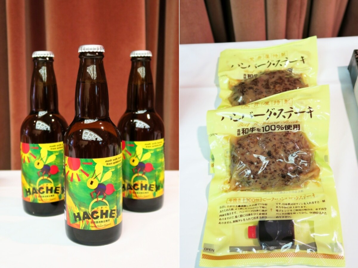 左：厚木ビール「HACHEY」（550円）　右：荒井屋「荒井屋特製ハンバーグ・ステーキ」（160g、482円）