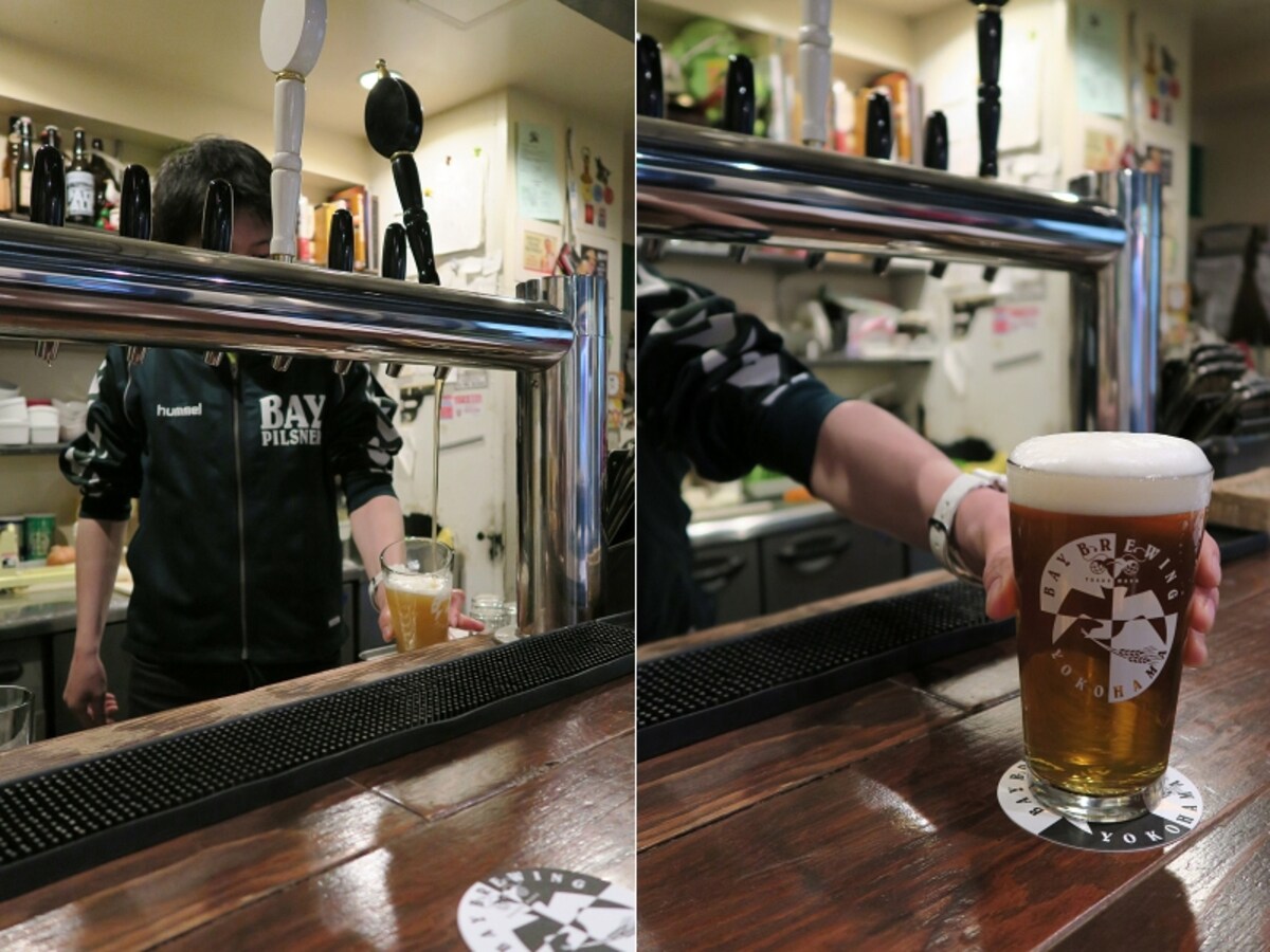 鈴木さんが注いでくれた「ベイピルスナー」は定番メニュー。苦みがあって飲みやすいので1杯目におすすめ。泡の分量はビールのスタイルによって異なる