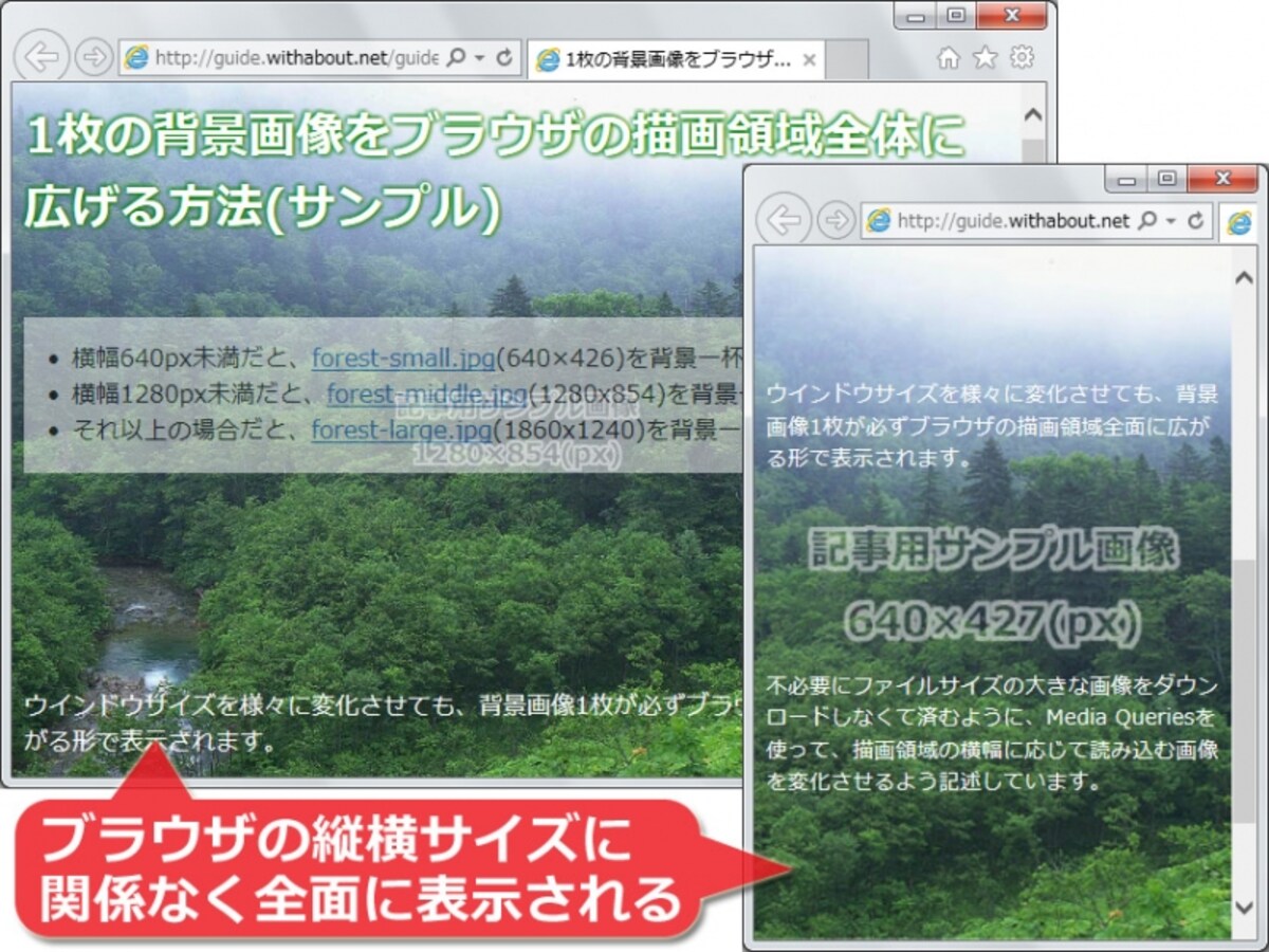 1枚の写真を背景画像としてブラウザの描画領域全面に広げる方法
