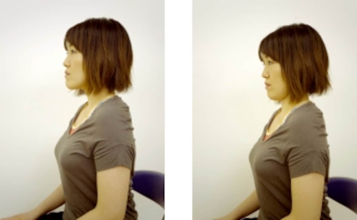 顎を引いた位置（左）、遠くを見た位置（右）