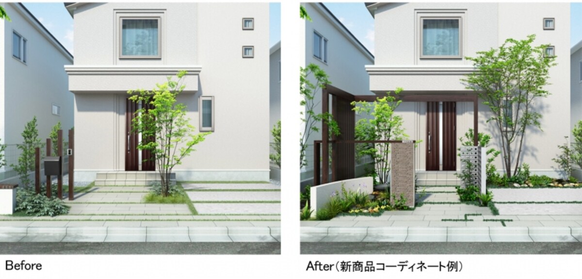 プランニング次第で空間に立体感が生まれ、住まい全体が落ち着きいた雰囲気に。　＜左写真＞新しく提案されたフラットアーチ（左）、乾式デザインウォール（中央）、有孔ブロックウォール（右）などを組み合わせ、立体感のある門まわり空間を演出。