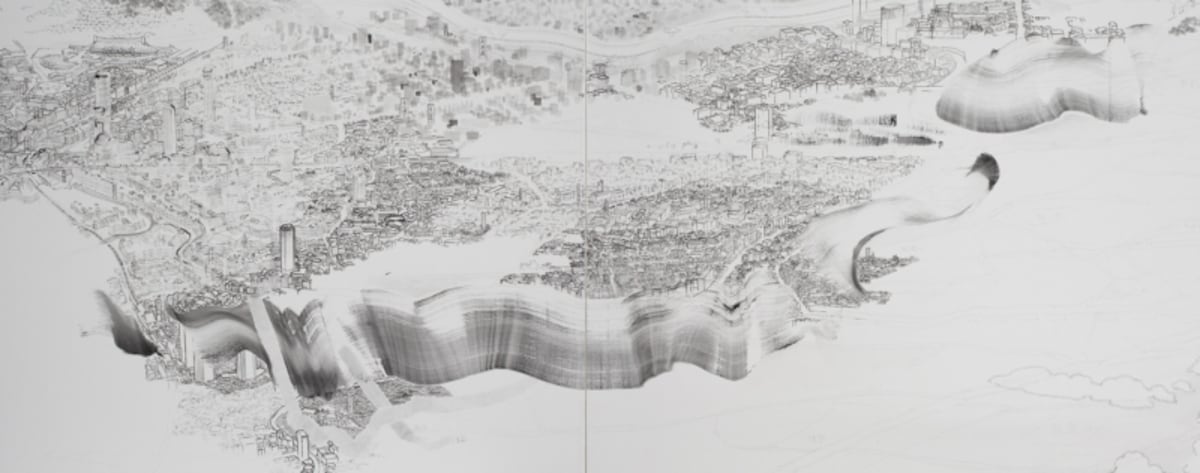 Tokio山水（東京圖 2012）／部分　2012　キャンバスに墨　四曲一双　各162×342cm Work created with the support of Fondation d’entreprise Herm?s ? Nac?sa & Partners Inc. / Courtesy of Fondation d’entreprise Herm?s ? YAMAGUCHI Akira, Courtesy Mizuma Art Gallery