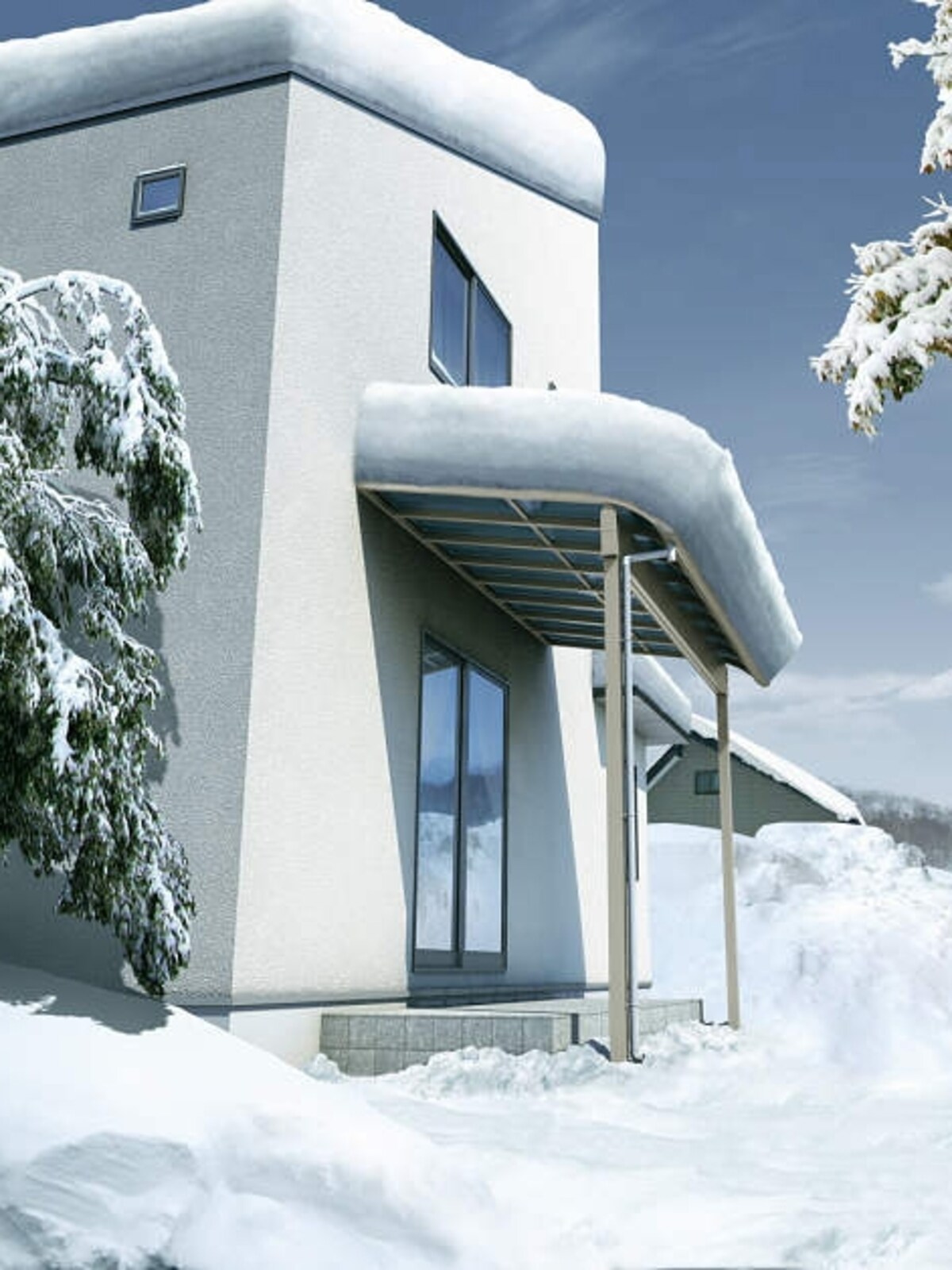 年間平均積雪量100センチの雪が多い地域でも利用できる。 [ヴェクター シリーズ共通仕様 多雪地域対応] 　 YKK AP http://www.ykkap.co.jp/