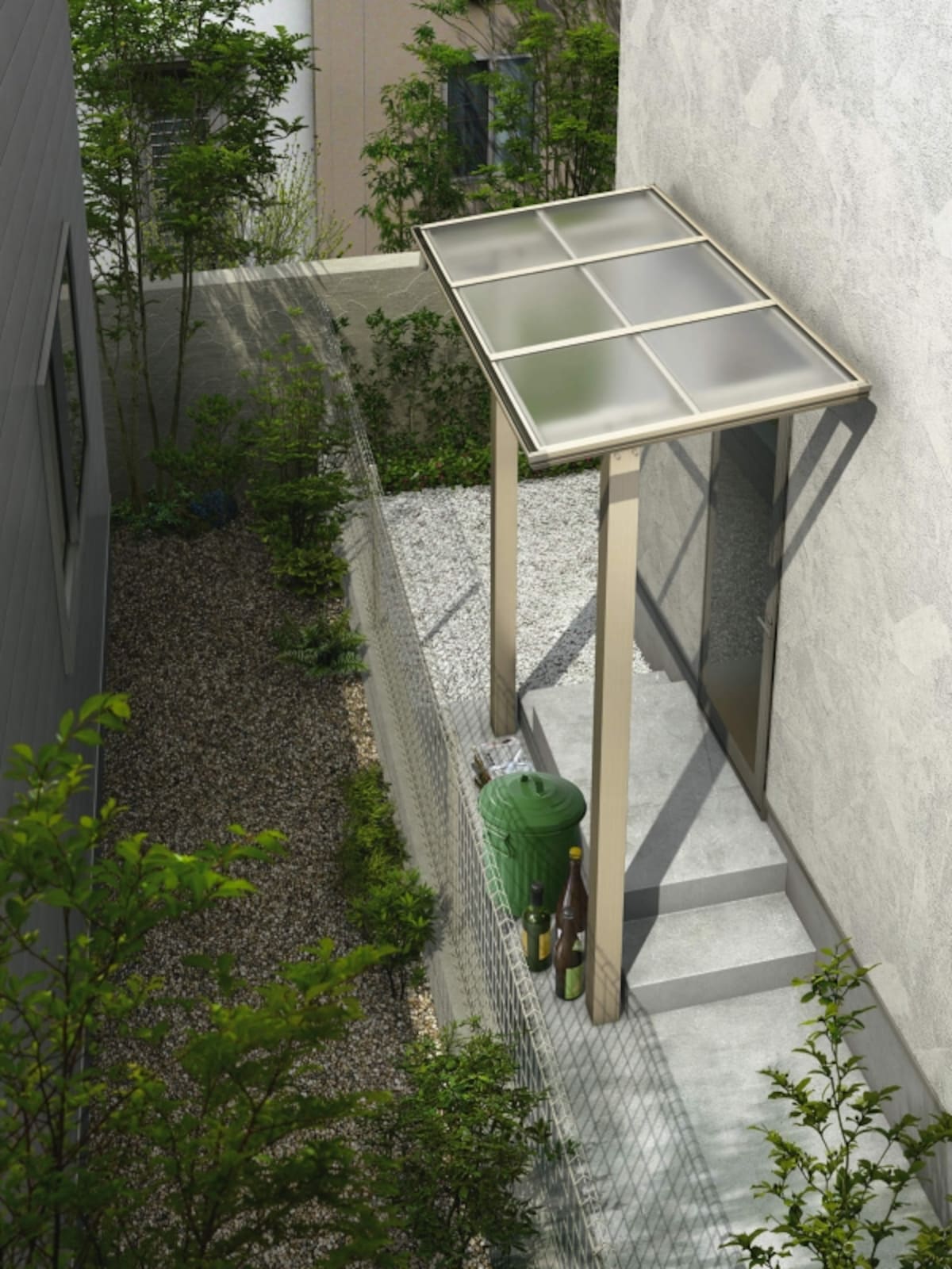建物外壁に穴を空けることなく設置できるため、さまざまな躯体条件に対応できる。[独立テラス屋根 エフルージュグラン ZERO 標準柱 フラット型 H2 トーメイマット]　YKK AP http://www.ykkap.co.jp/