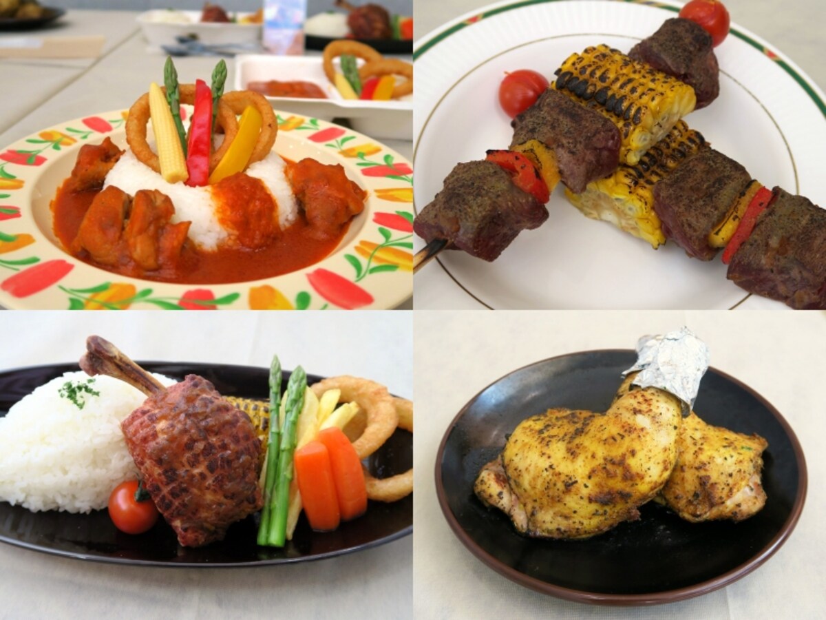 左上：ムアンバライス（1180円）　右上：東アフリカ料理「ムシカキ」（650円）　　左下：ボーン・ハムバーグプレート（1500円）　右下：スパイシーグリドルチキン（1本500円）