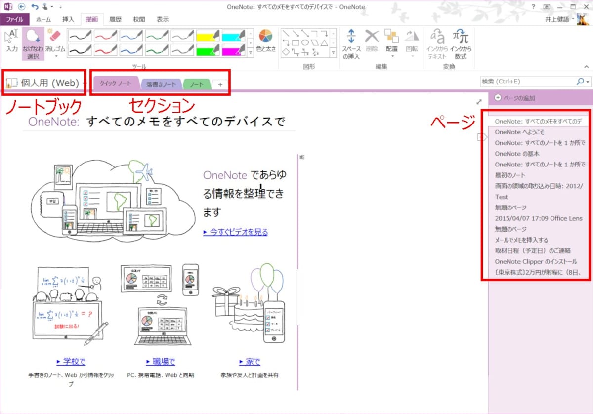 「ノートブック」「セクション」「ページ」