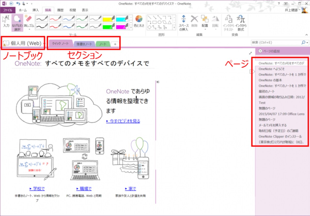 「ノートブック」「セクション」「ページ」