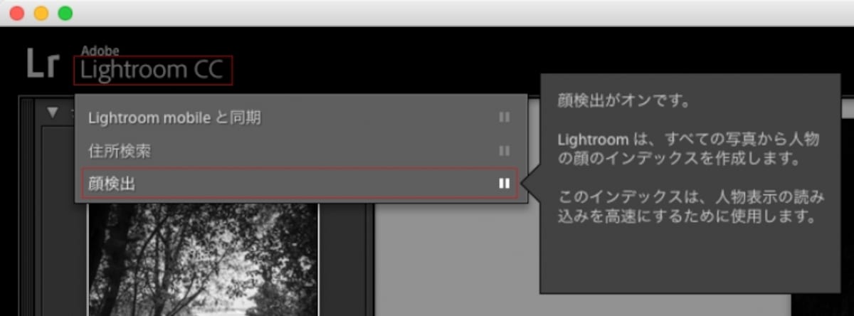 Lightroomのウィンドウ左上にあるIDプレートをクリックして顔検出の切り替えが可能。