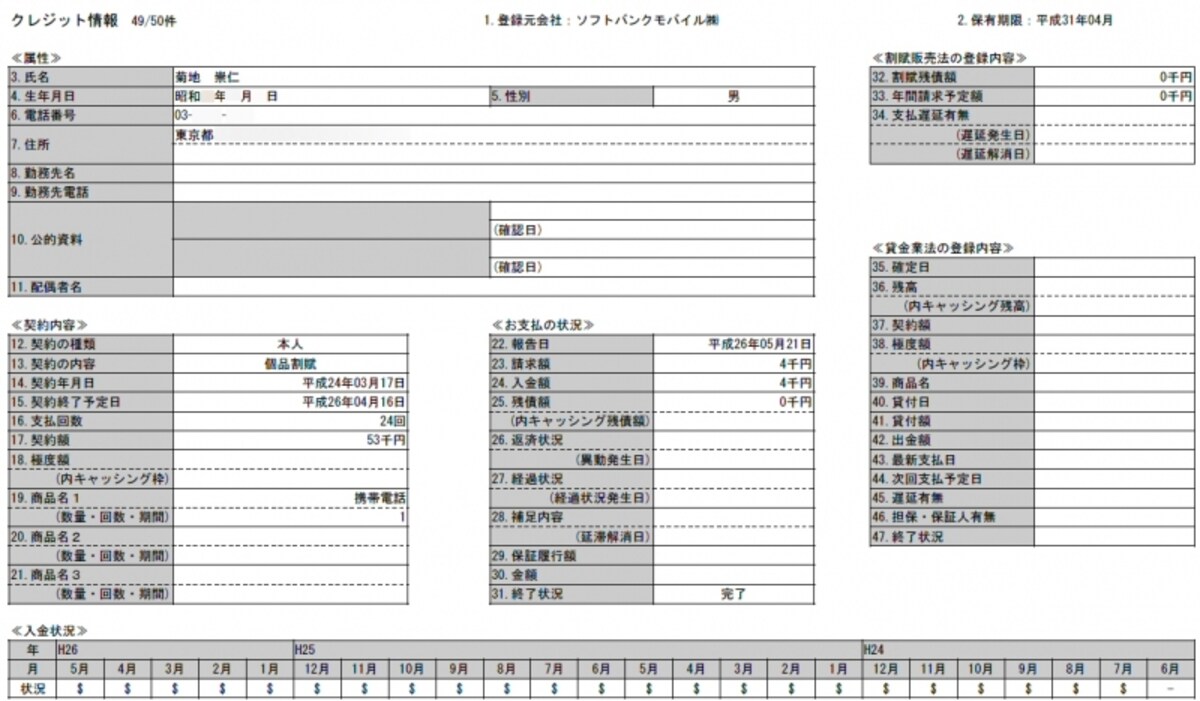 携帯電話の割賦販売（分割販売）は5年間情報が保存される