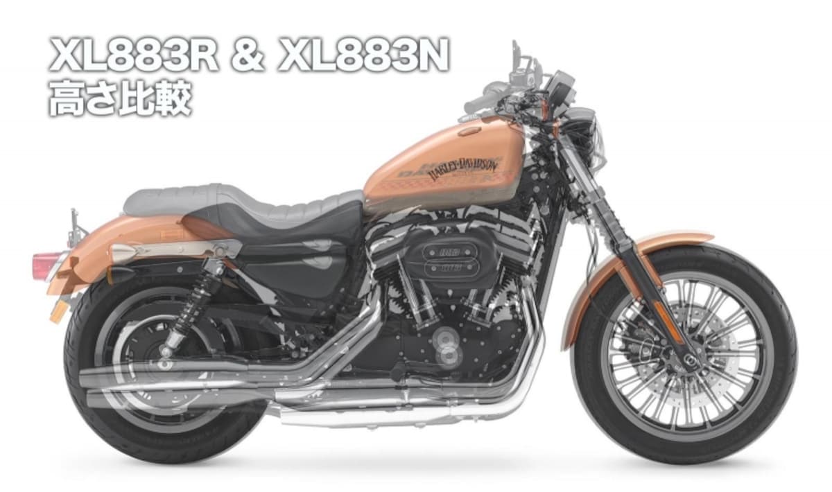 XL883RとXL883Nアイアンとの高さ比較。ハンドル位置やシート位置、エアクリーナー位置などを見れば、車体の高さに違いがあるのが分かる