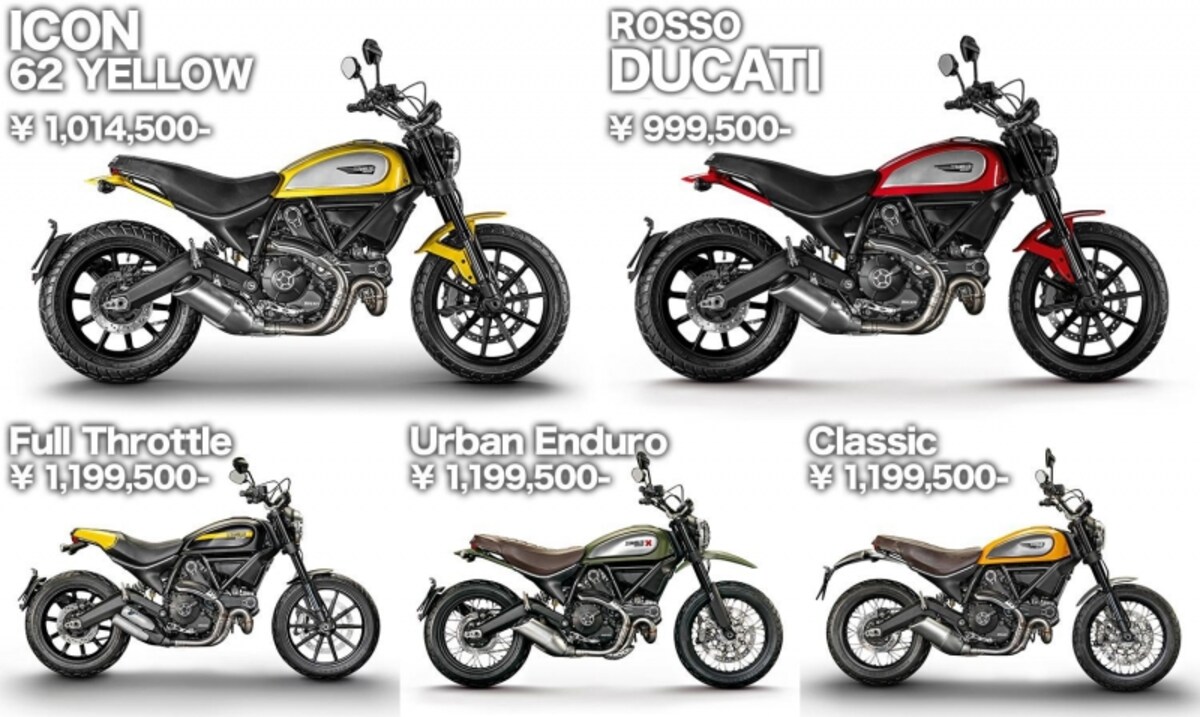 ICON DUCATIが100万円を切るという破格！ その他タイプ別のモデルも120万円に届かないなど、お買い得すぎる価格設定に