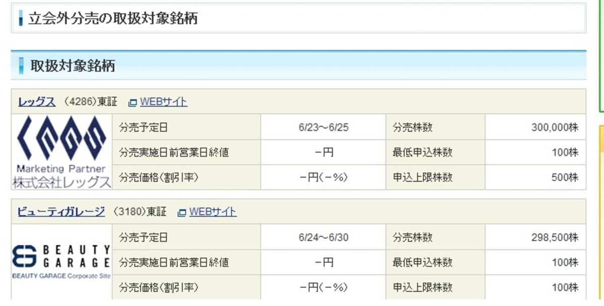 立会外分売の取扱い対象銘柄（サンプル）