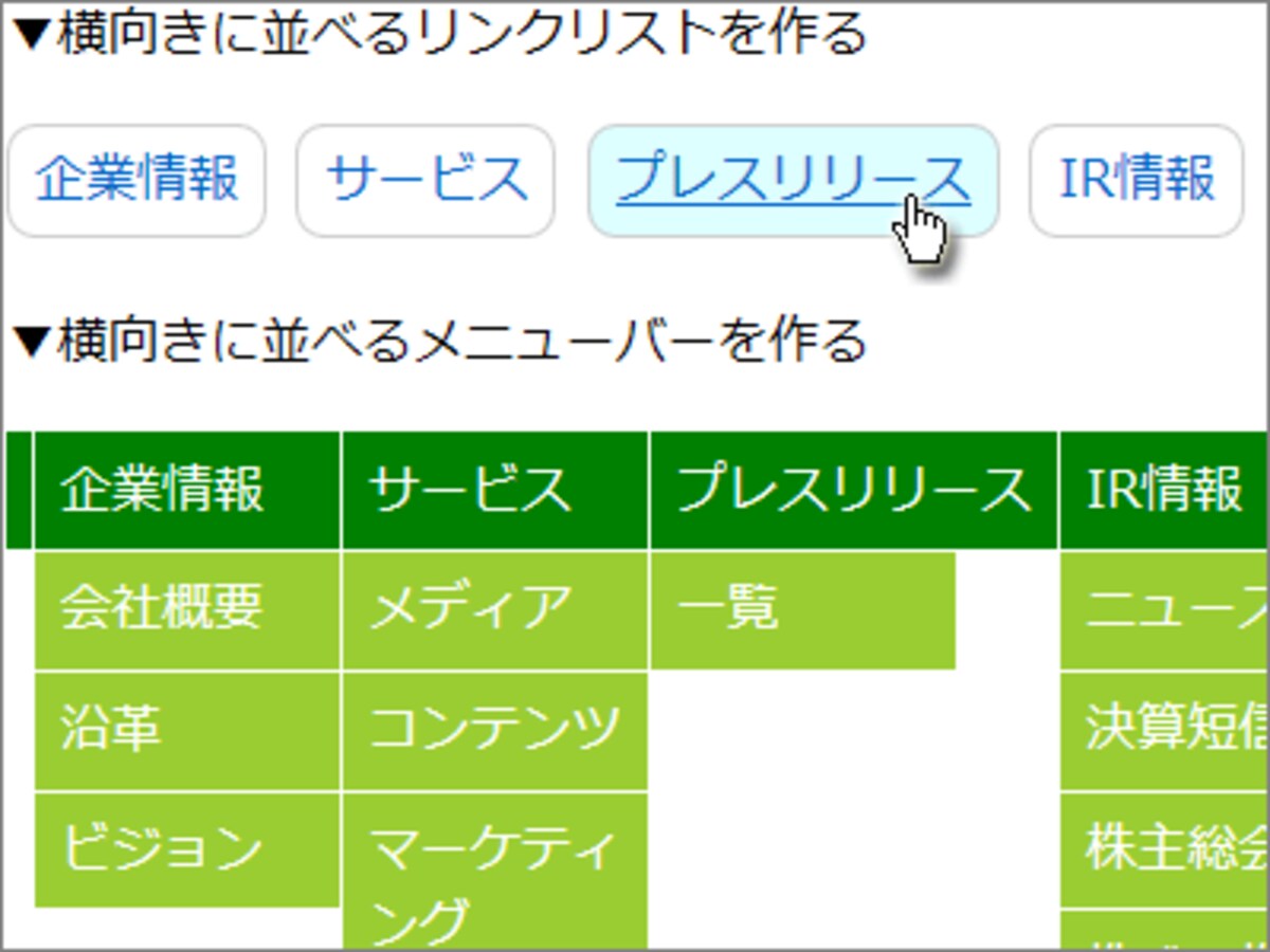 リストを横向きに並べて、リンクリストやメニューバーを作る