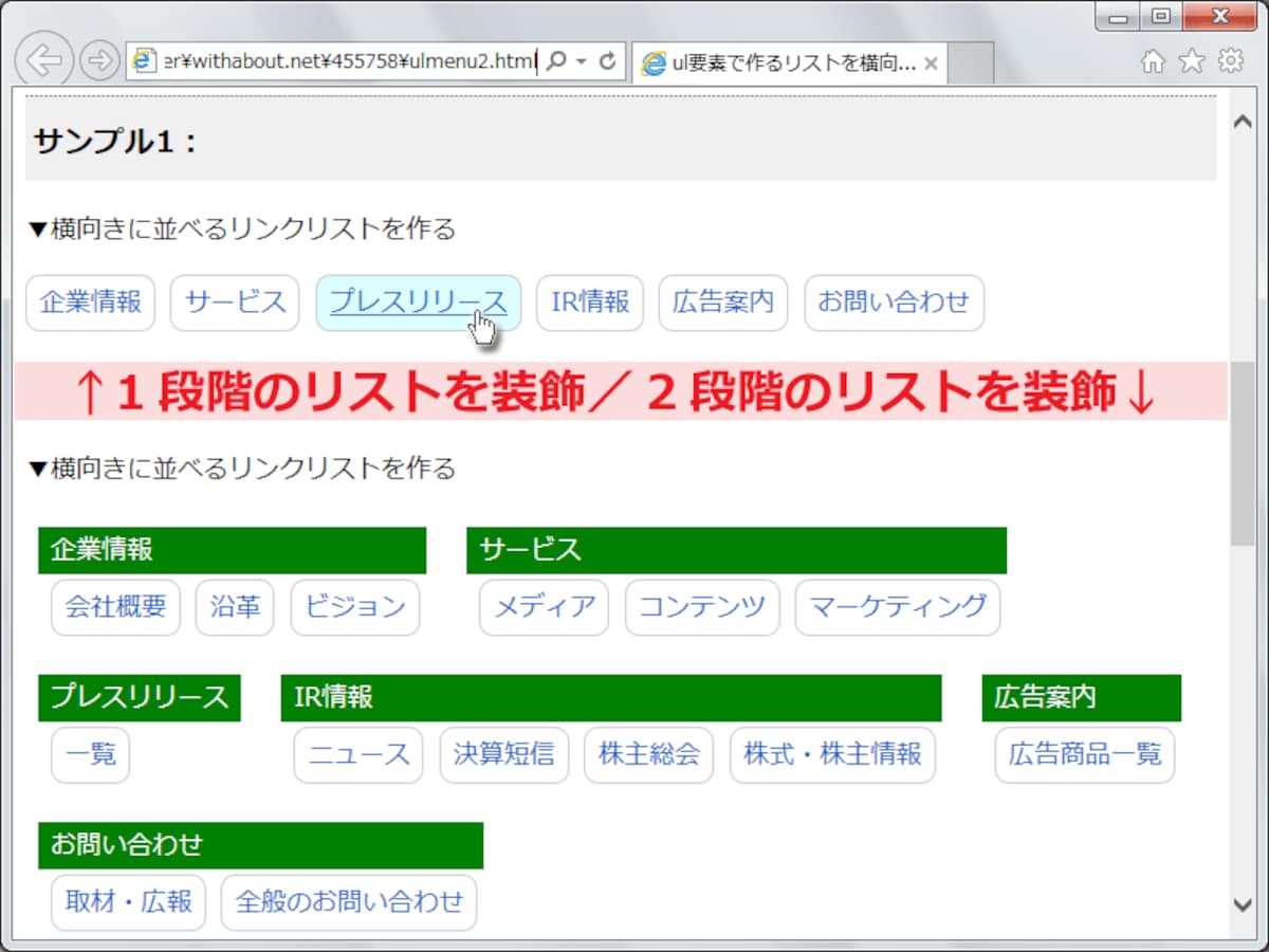 ul要素とli要素で作るリストを、横方向に並べる装飾例