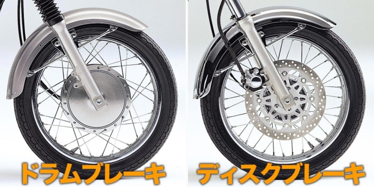 ドラムブレーキ（左）を採用しているのはエストレヤRSカスタム／エストレヤカスタムの2モデルで、その他のエストレヤはディスクブレーキを採用