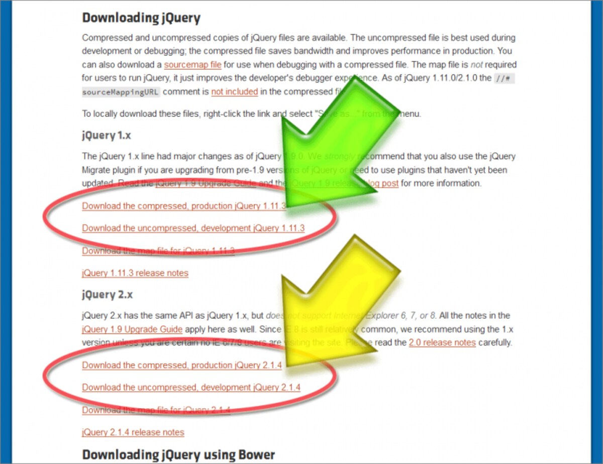 ｊQueryには、Ver.1系とVer.2系の2種類のバージョンと、圧縮・非圧縮の2形態がある