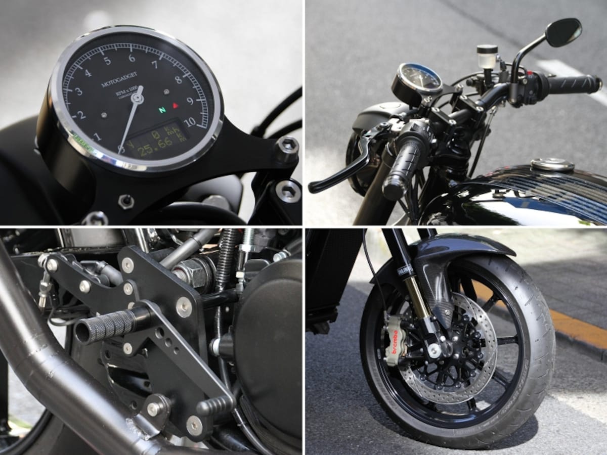 青いストリート750同様、コックピットまわりの質感を大きく高めている。独モトガジェットメーターにブレンボ製ブレーキシステム、ワンオフのバックステップなど贅沢極まりないメニュー！