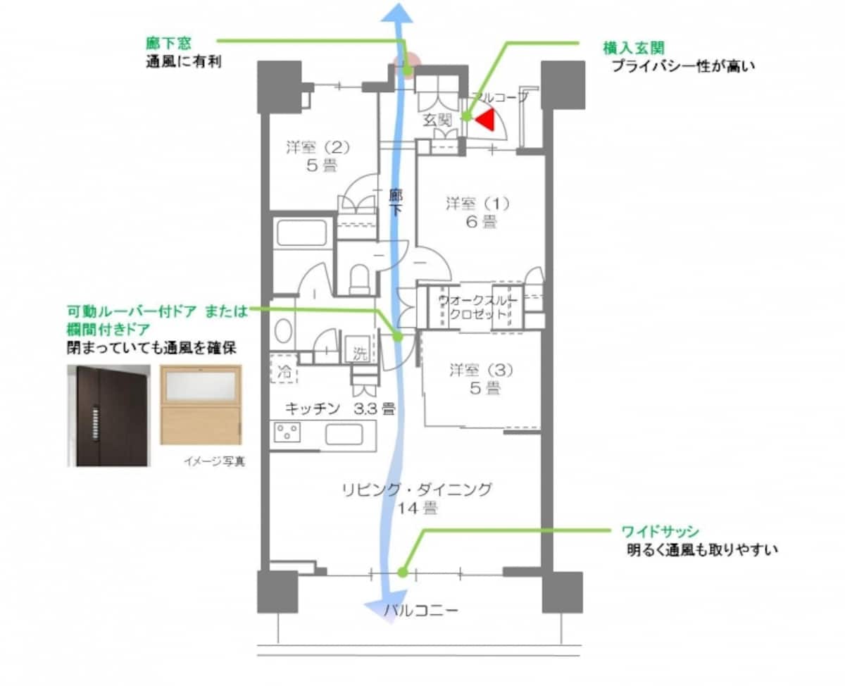 【図2】横入玄関と廊下にある小窓（間取りは図1と同じ）