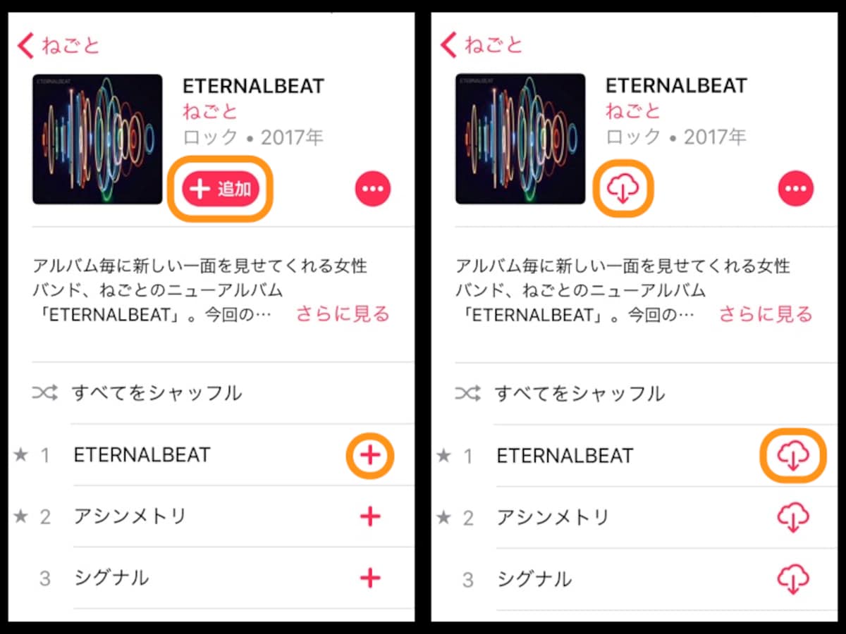 (左)［＋］をタップ。ここでは［＋追加］をタップしてアルバム曲すべてをダウンロードします。(右)雲のマークをタップ。画像右の雲のマークをタップするとアルバム曲すべてをダウンロードできる