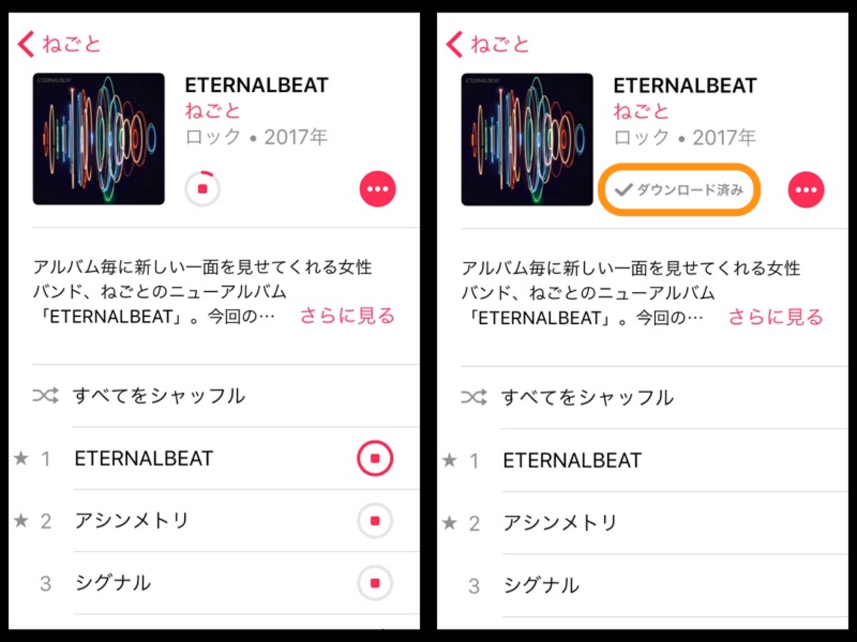  (左)ダウンロードを中止するときは［■］をタップ。(右)雲のマークが消えるとダウンロード完了