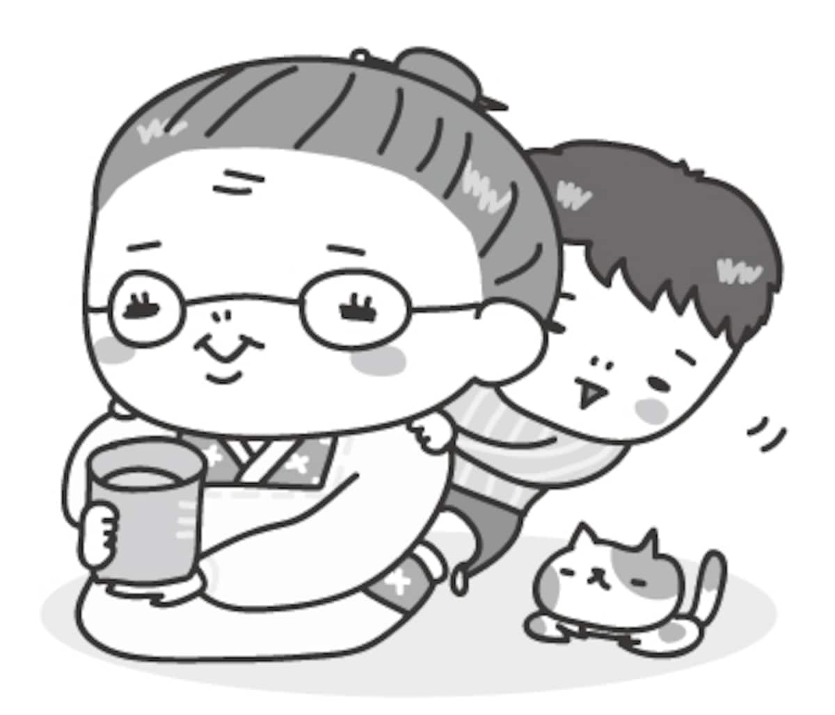  おばあちゃんと孫　敬老の日　イラスト　白黒　かわいい
