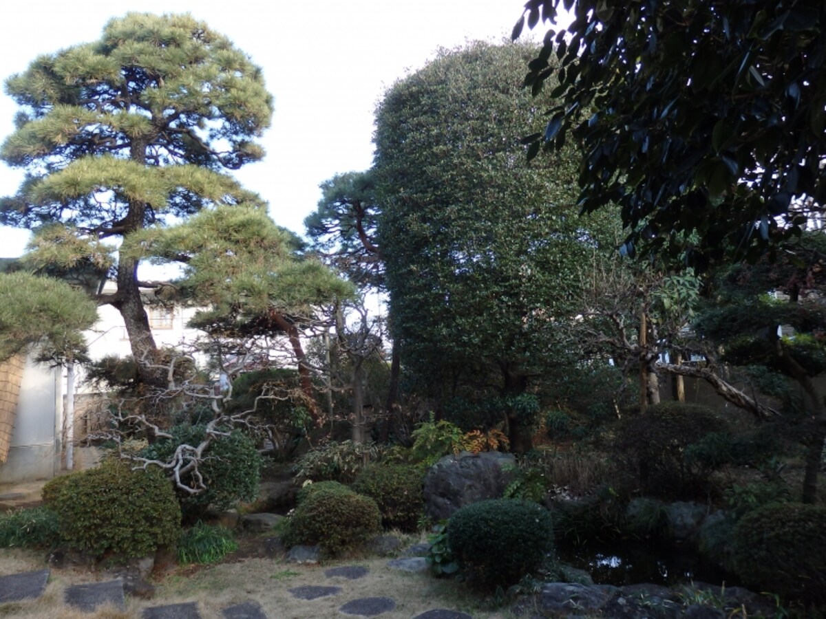 盆栽町の景観に溶け込む漫画会館の日本庭園