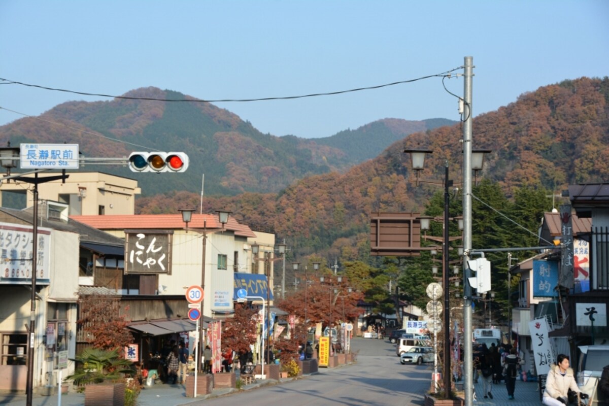 長瀞駅から眺める宝登山の秋の姿