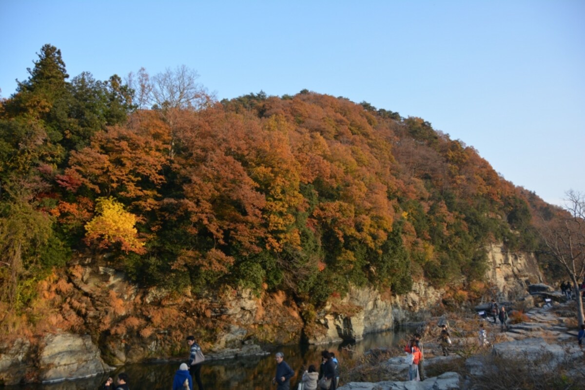 長瀞岩畳から荒川上流に見える紅葉